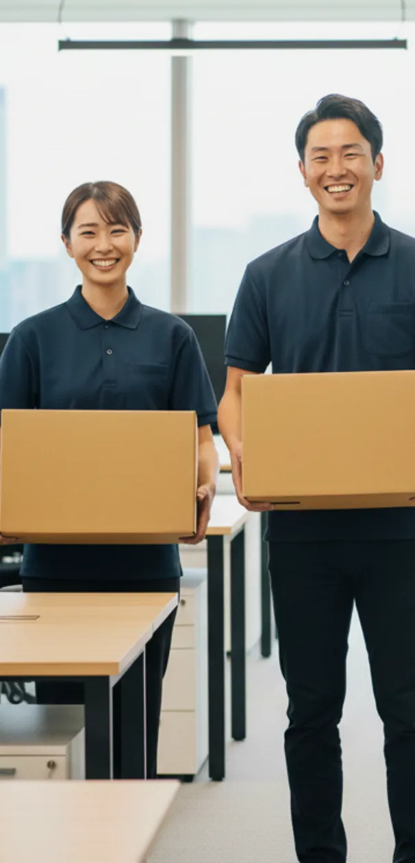 段ボールの箱を移動させる男女の様子