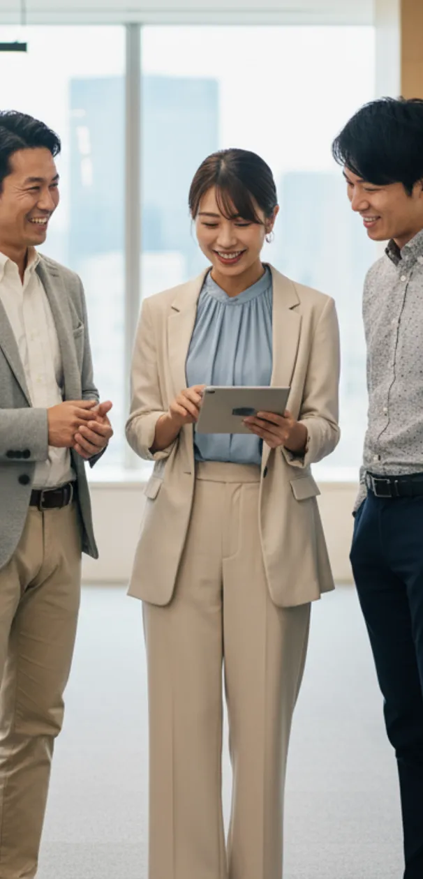 立ち話で話し合う社員の様子